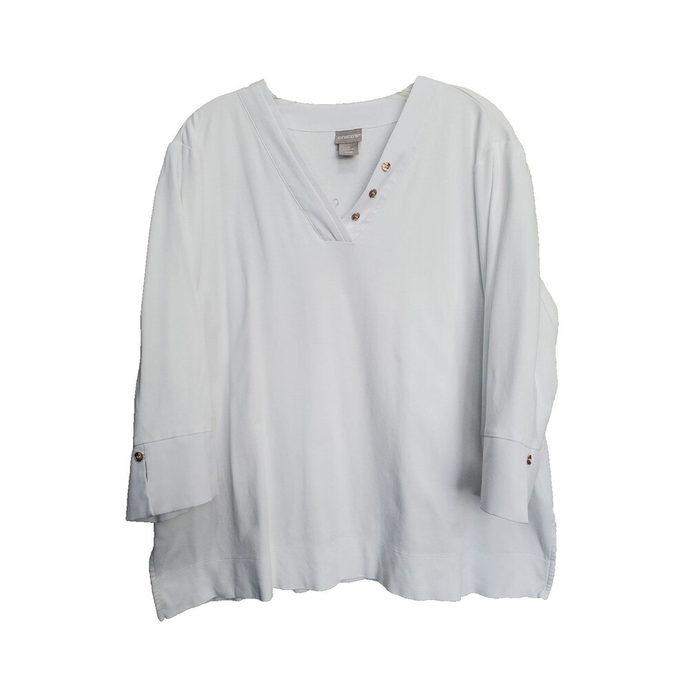 Chico's White Cotton Shawl Collar Button-Accent 3/4 Sleeve Top Size 3 (XL)